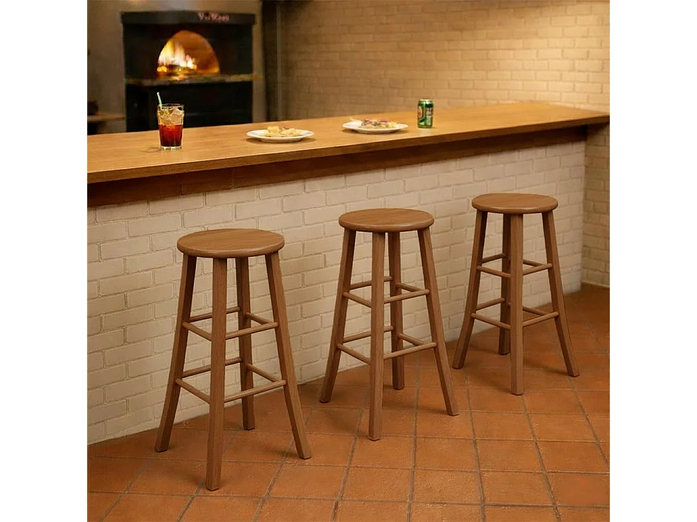 Tabouret en bois assise ronde h 80 cm pied sabre noyer clair