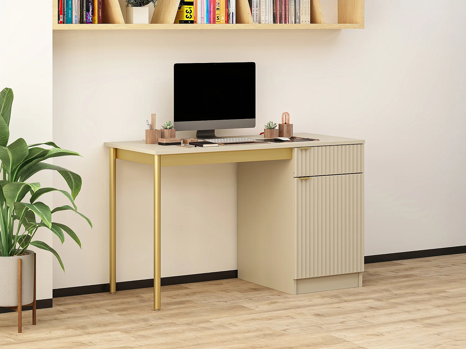 Bureau avec rangements - MDF et métal - Beige et doré - MILIAKI de Pascal Morabito