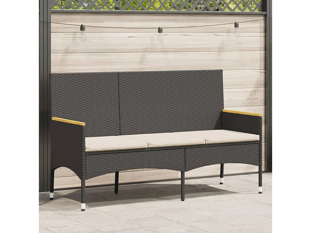 Gartenbank 3-Sitzer mit Kissen Schwarz Poly Rattan