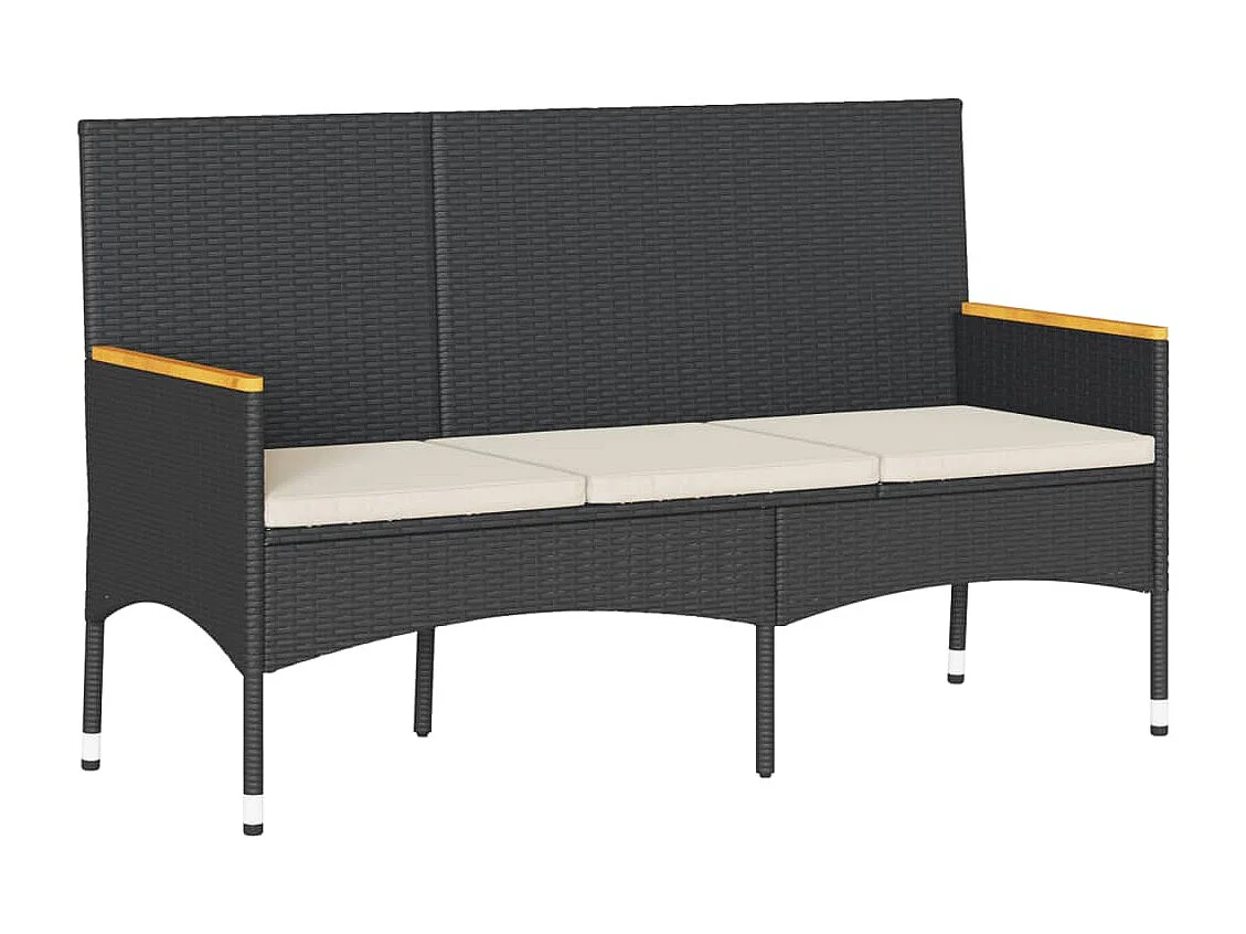 Gartenbank 3-Sitzer mit Kissen Schwarz Poly Rattan