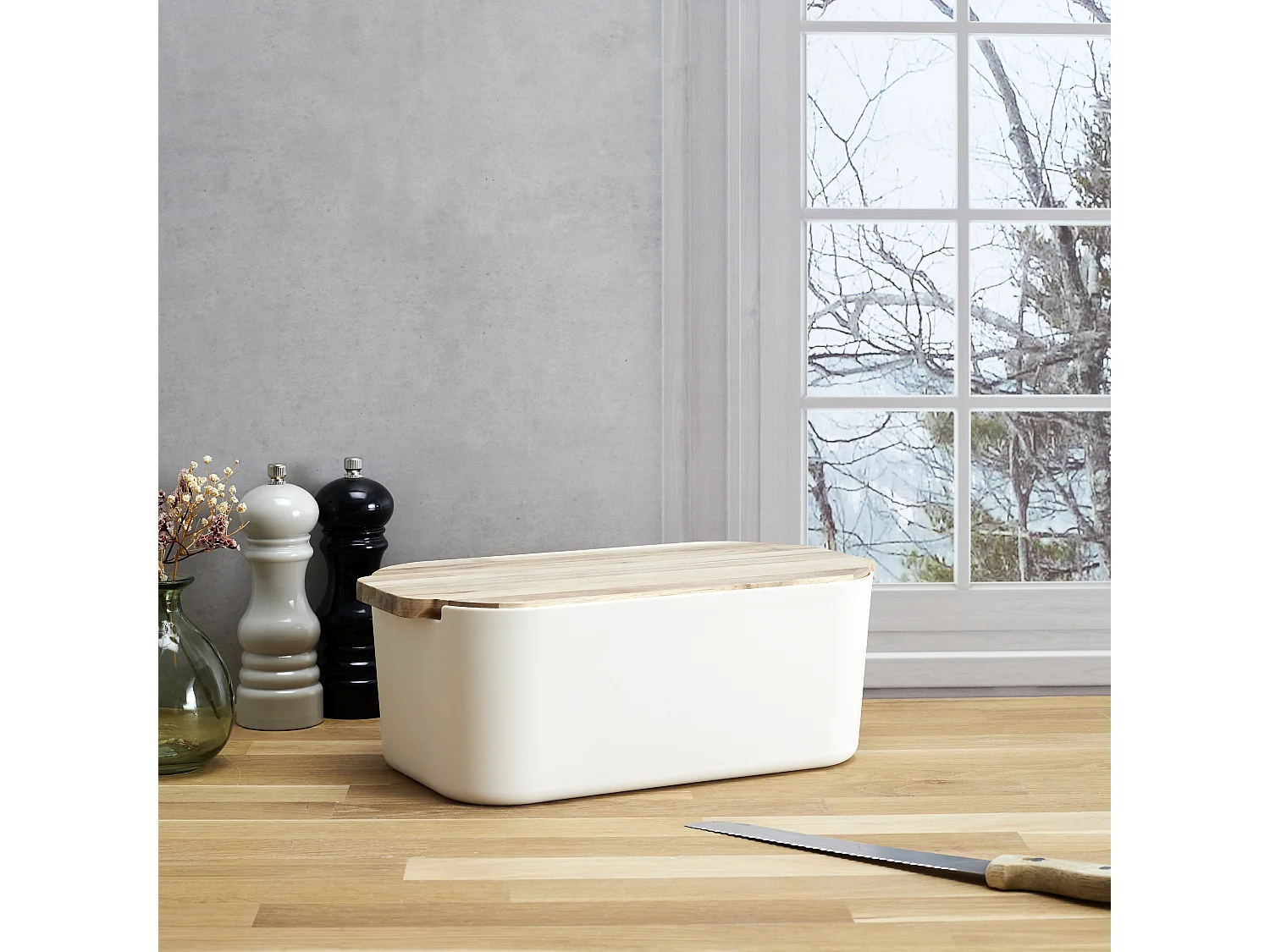 Boite A Pain Couvercle Planche Acacia Blanc, Marron