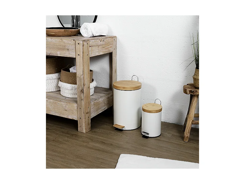 Poubelle A Pedale Metal Et Bambou Blanc X2 Blanc, Marron