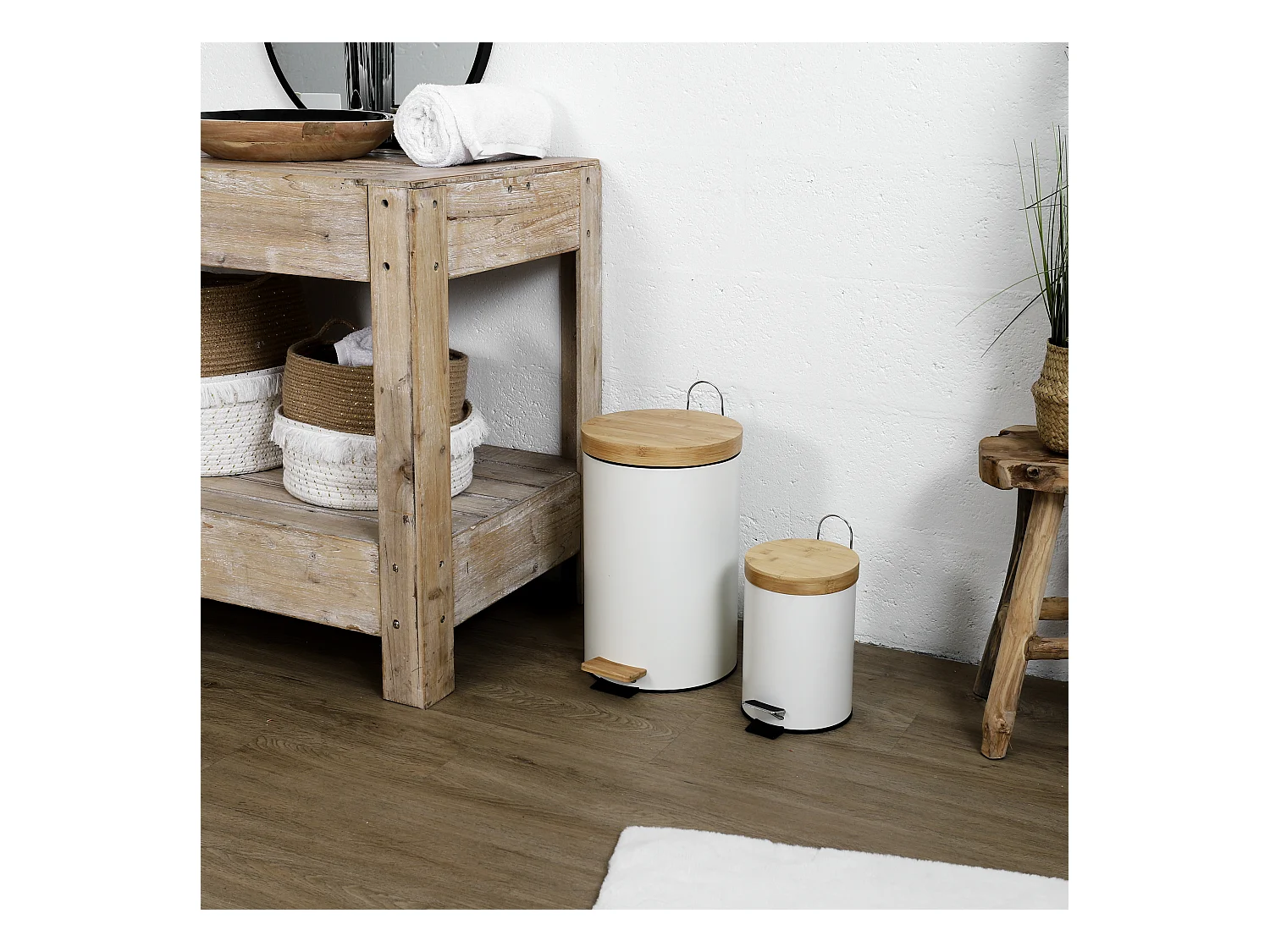 Poubelle A Pedale Metal Et Bambou Blanc X2 Blanc, Marron