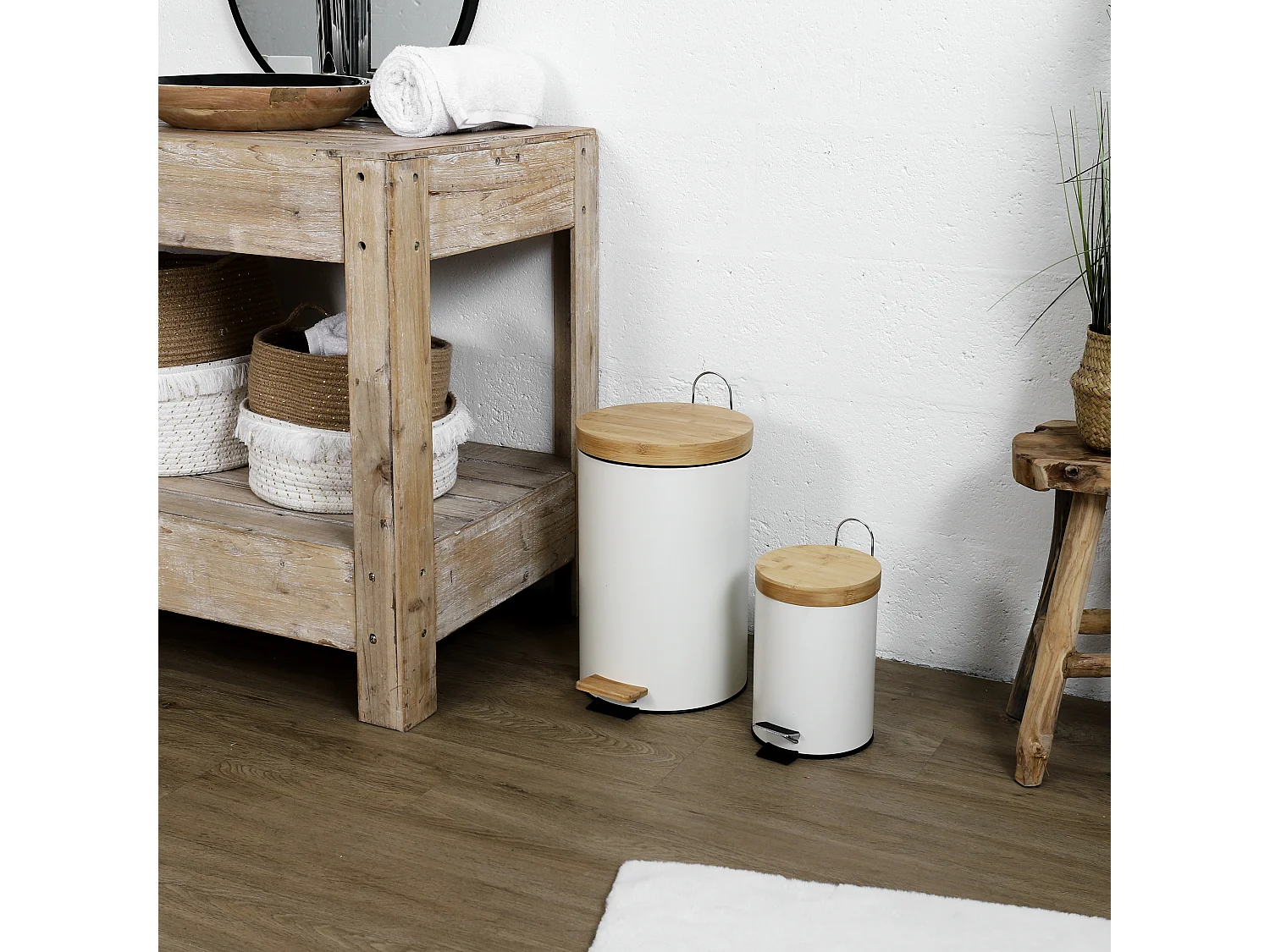 Poubelle A Pedale Metal Et Bambou Blanc X2 Blanc, Marron