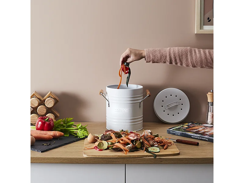Poubelle A Compost Metal Couvercle Et Poignees Blanc
