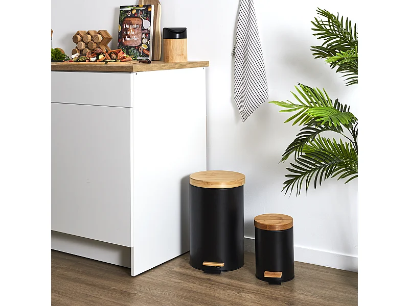 Poubelle A Pedale Metal Et Bambou Noir X2 Marron, Noir