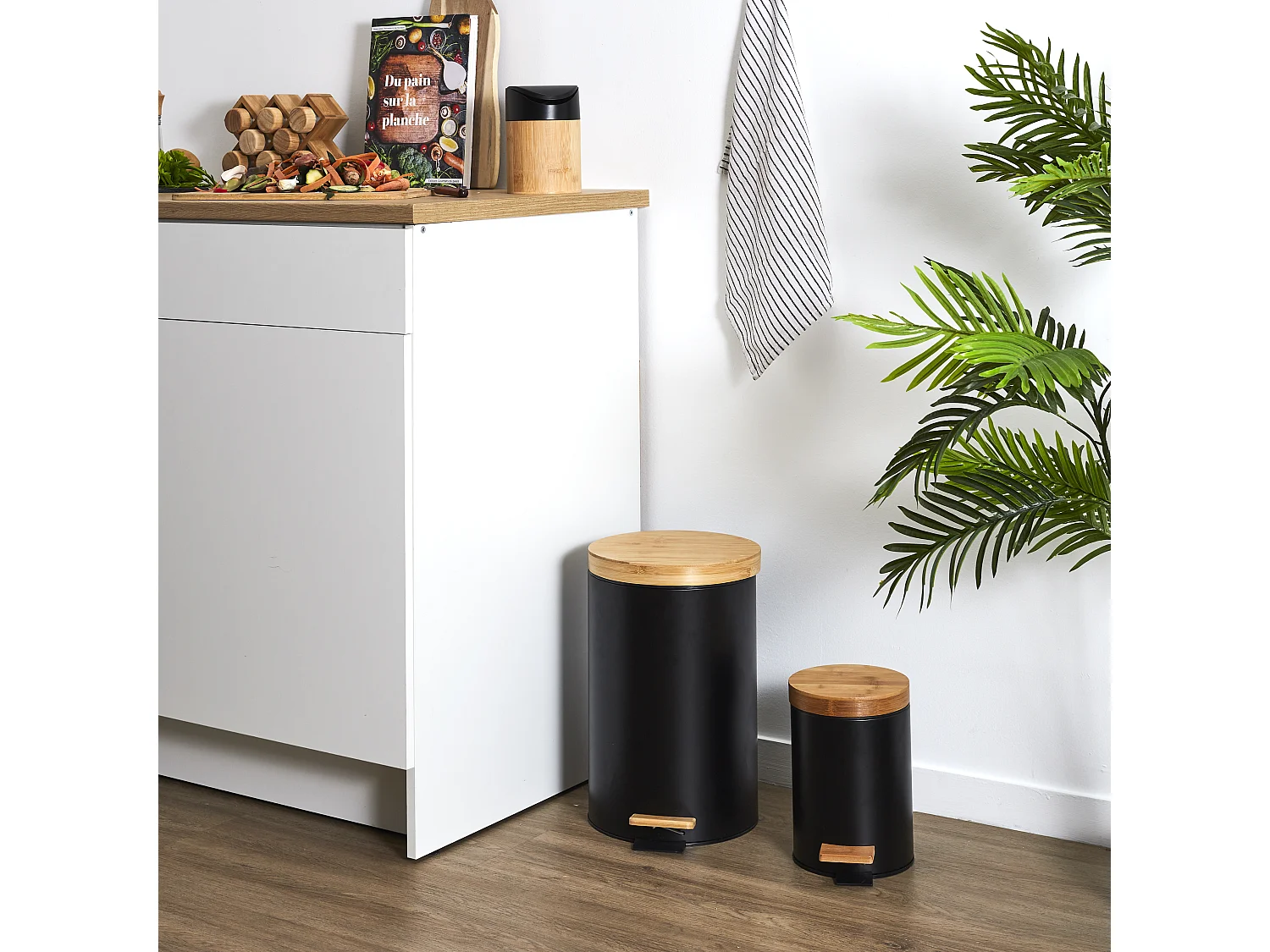 Poubelle A Pedale Metal Et Bambou Noir X2 Marron, Noir