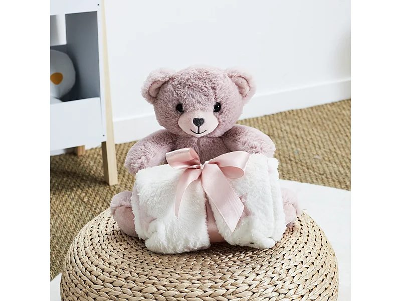 Peluche Ours 20cm Plaid 70x70cm Rose