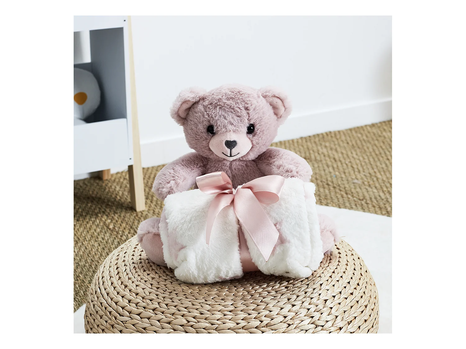 Peluche Ours 20cm Plaid 70x70cm Rose