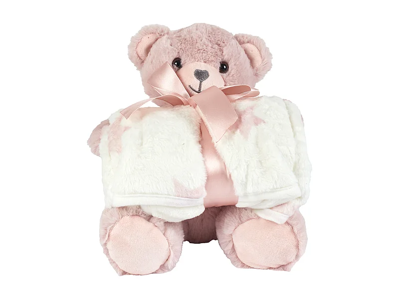 Peluche Ours 20cm Plaid 70x70cm Rose