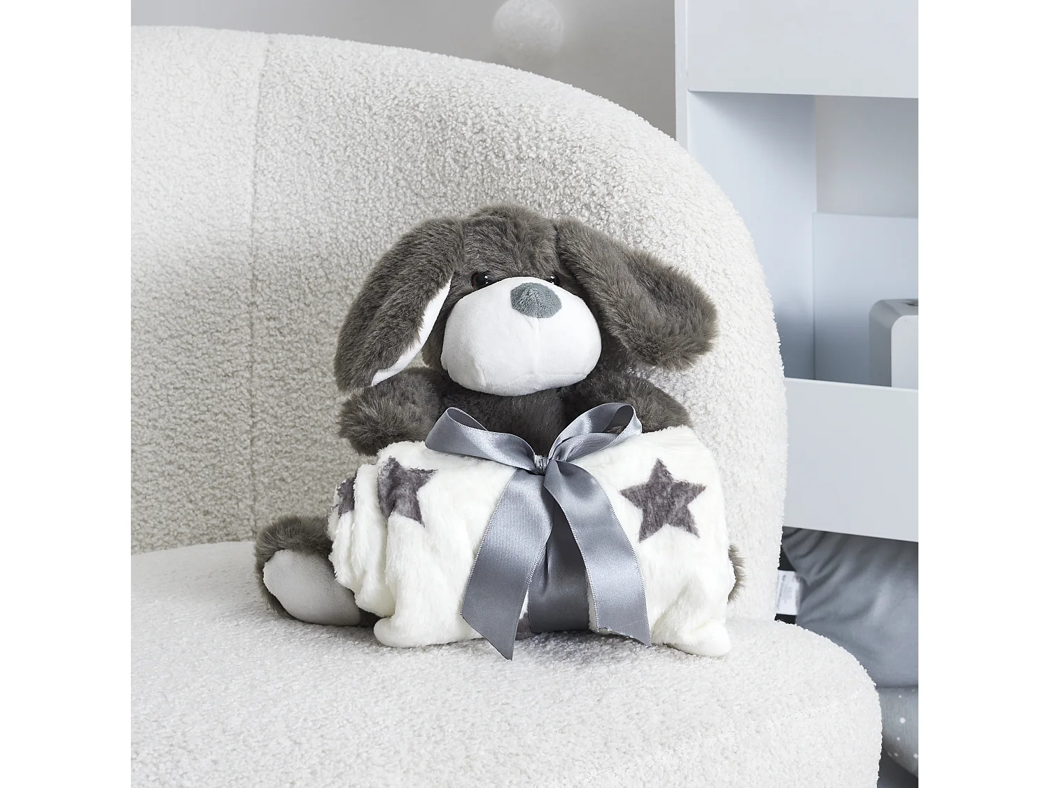 Peluche Chien 20cm Plaid 70x70cm Gris