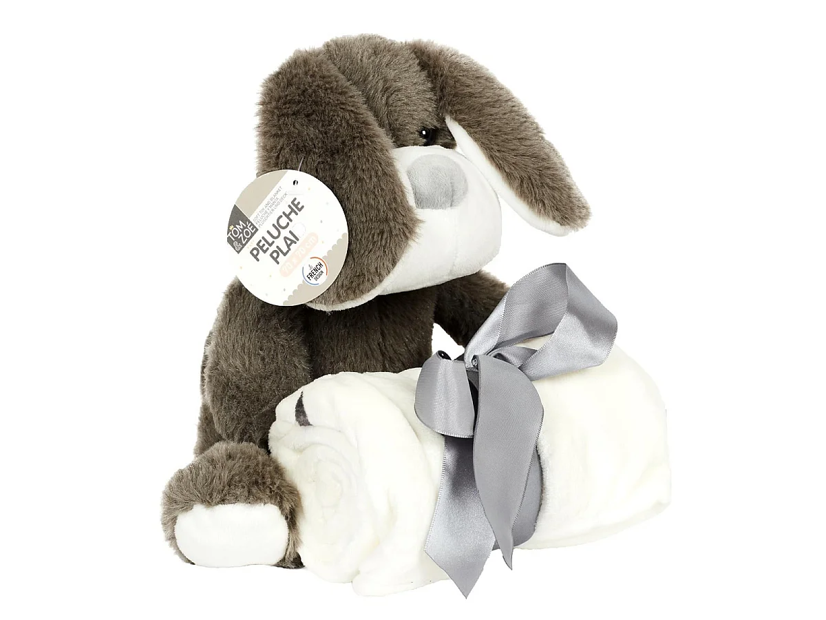 Peluche - TOM ET ZOE - Chien - Gris - 20 cm - Plaid Inclus