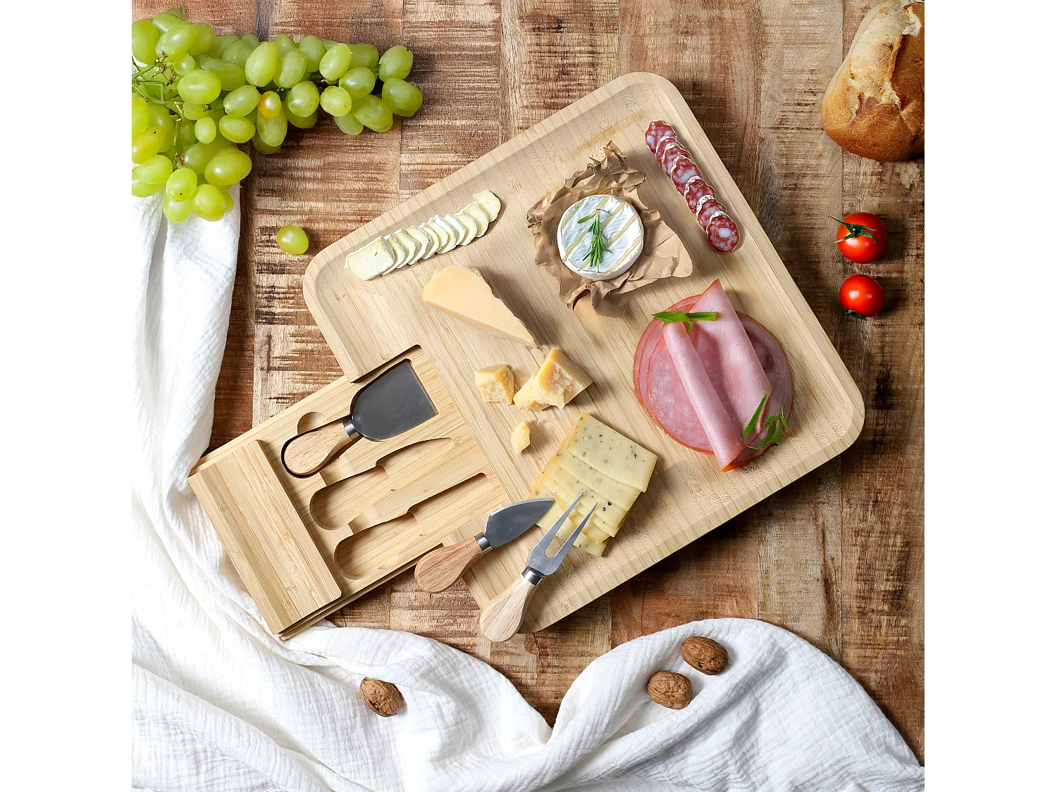 Planche Apero Bambou Tiroir Couteaux Fromage Marron