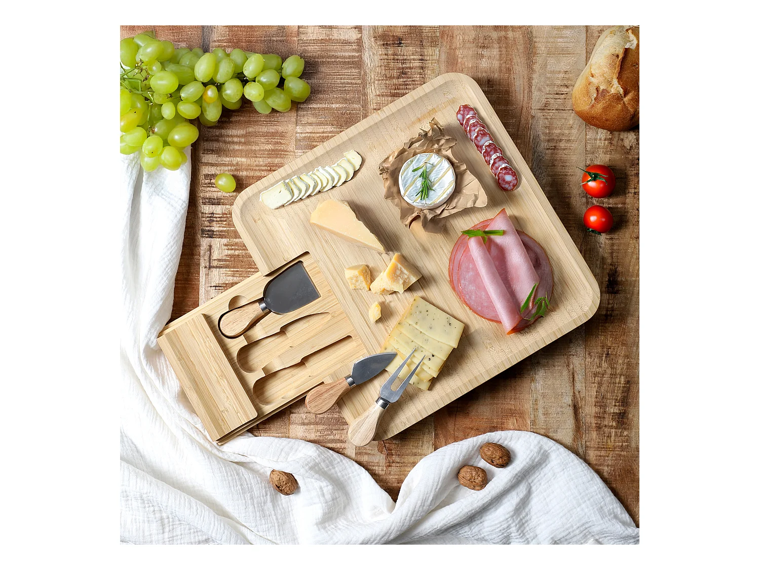 Planche Apero Bambou Tiroir Couteaux Fromage Marron