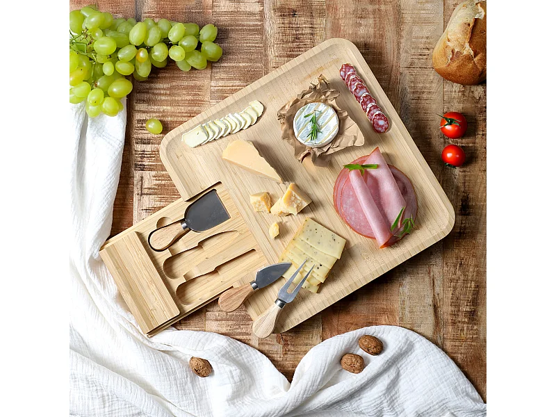Planche Apero Bambou Tiroir Couteaux Fromage Marron