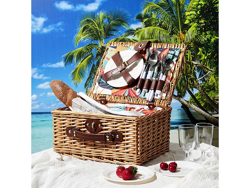 Panier Pique Nique 4 Personnes Paradis Exotique Rouge, Marron, Blanc