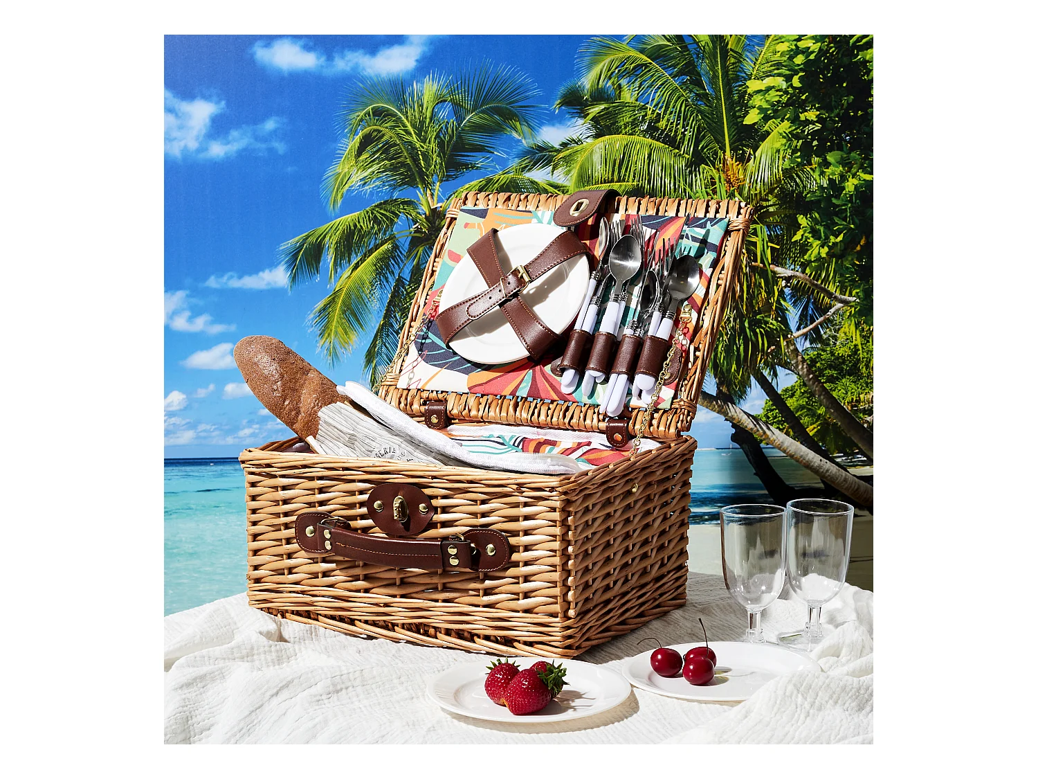 Panier Pique Nique 4 Personnes Paradis Exotique Rouge, Marron, Blanc
