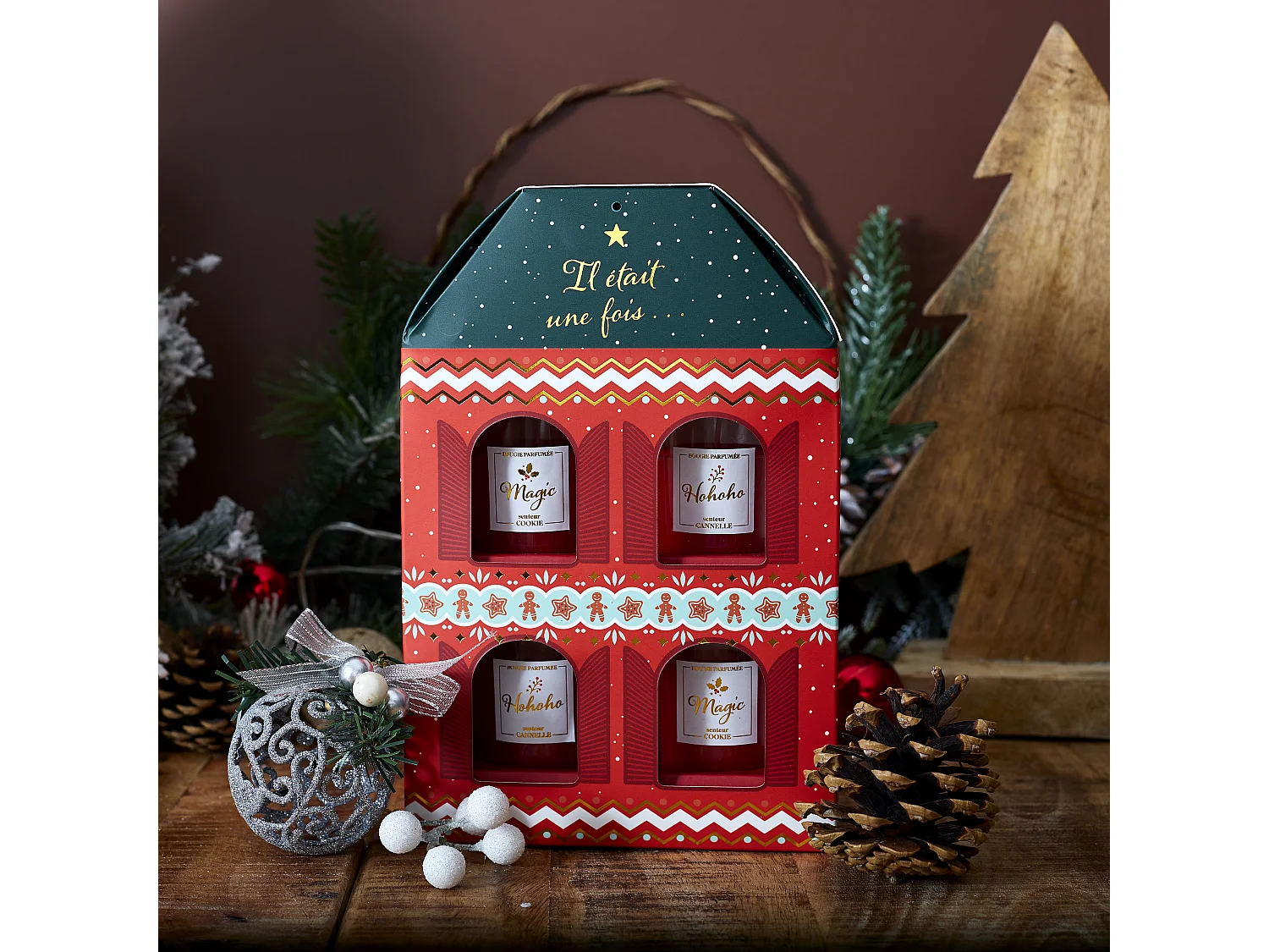 Bougie Parfumee X4 Maison Noel Tradi Rouge, Vert