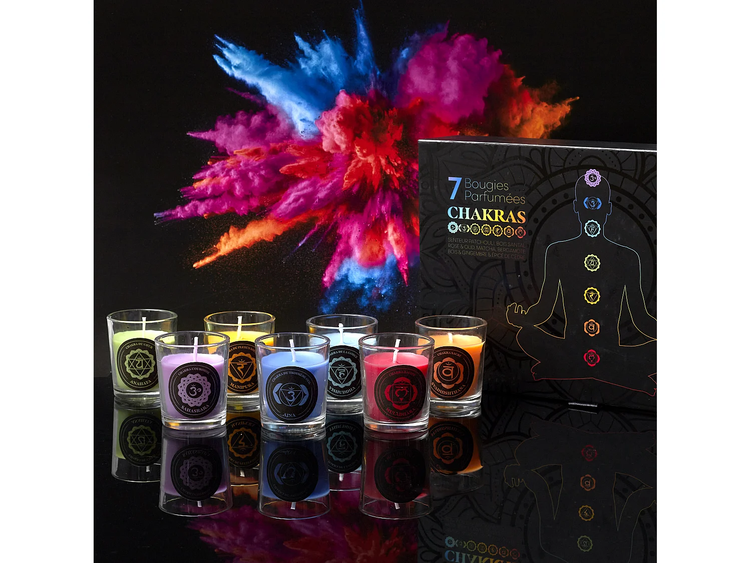 Coffret Bougie Parfumee Chakra X7 Violet, Bleu, Vert, Jaune, Orange, Rouge