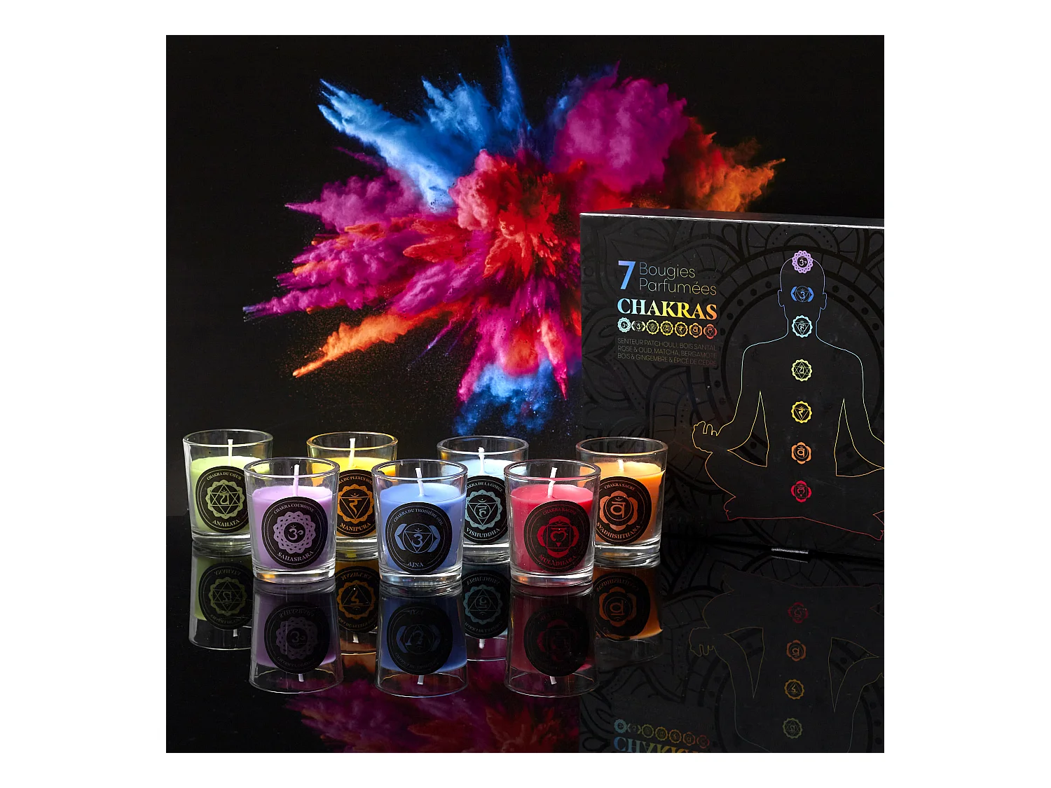 Coffret Bougie Parfumee Chakra X7 Violet, Bleu, Vert, Jaune, Orange, Rouge