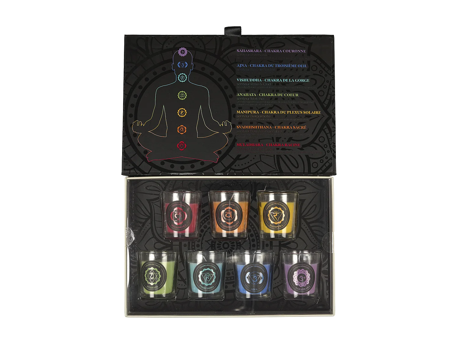 Coffret Bougie Parfumee Chakra X7 Violet, Bleu, Vert, Jaune, Orange, Rouge