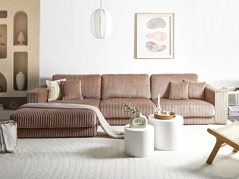 Canapé 4 Places Angle à gauche Style Moderne Minimaliste en Velours Côtelé Marron Clair Lofoten