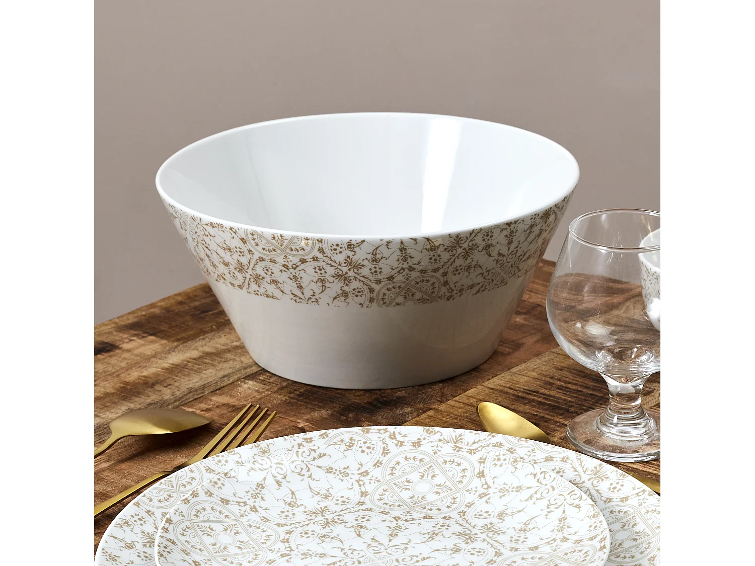 Saladier Porcelaine Motif Faience D25cm Blanc, Vert