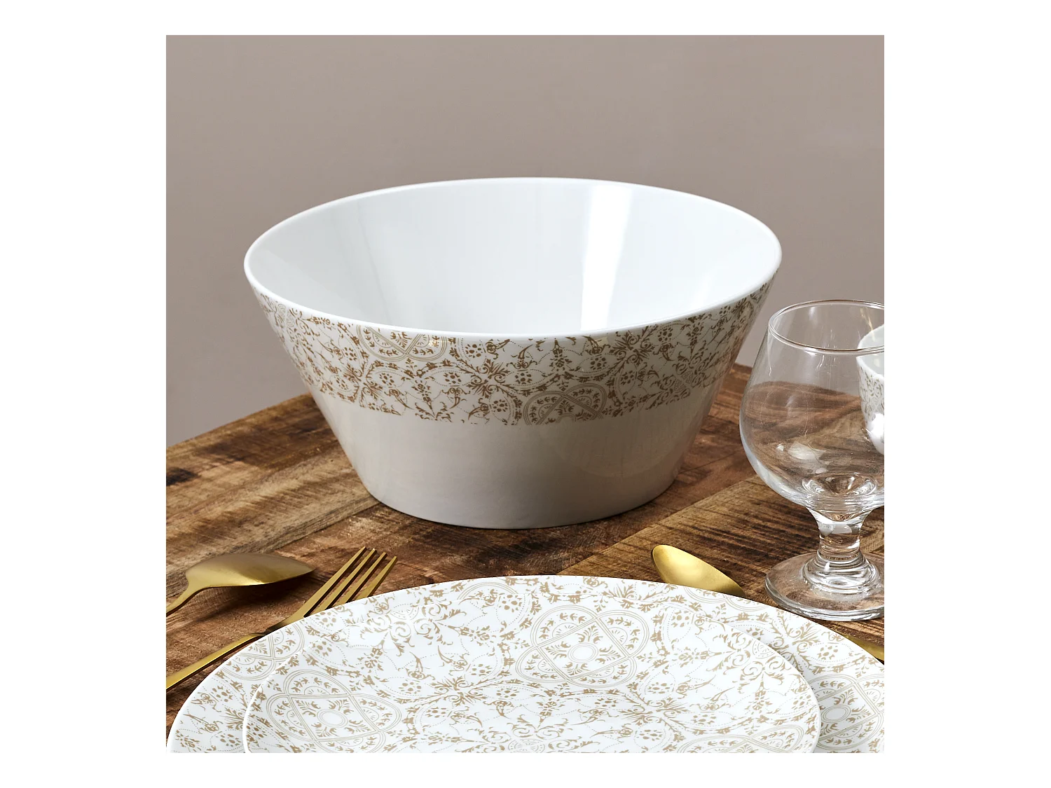 Saladier Porcelaine Motif Faience D25cm Blanc, Vert