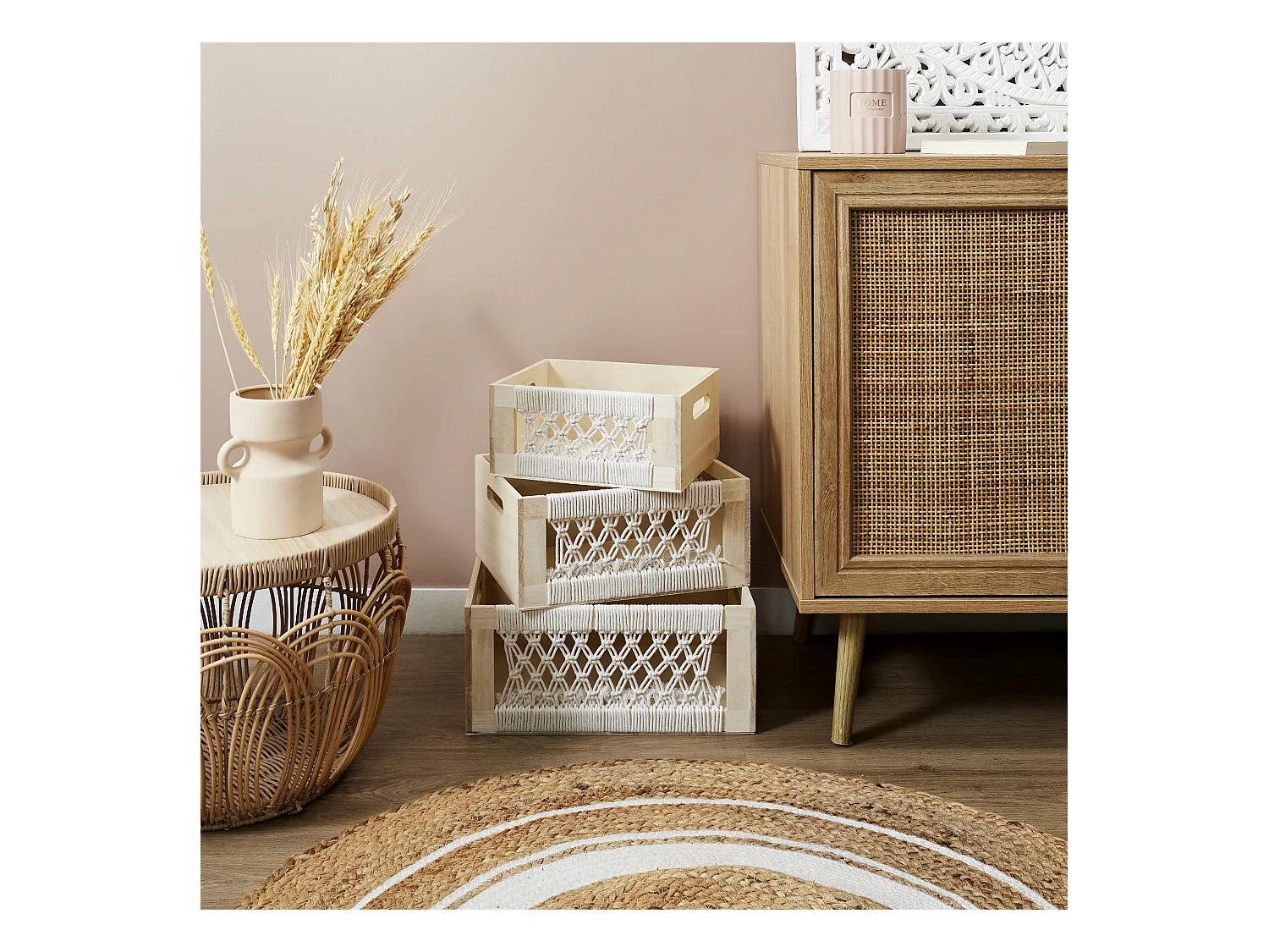 Caisse Bois Gigogne Boho X3 Beige