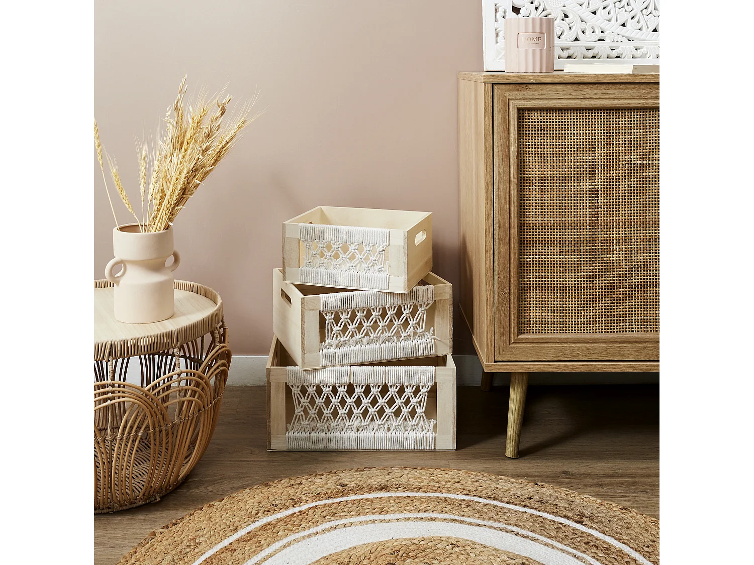 Caisse Bois Gigogne Boho X3 Beige