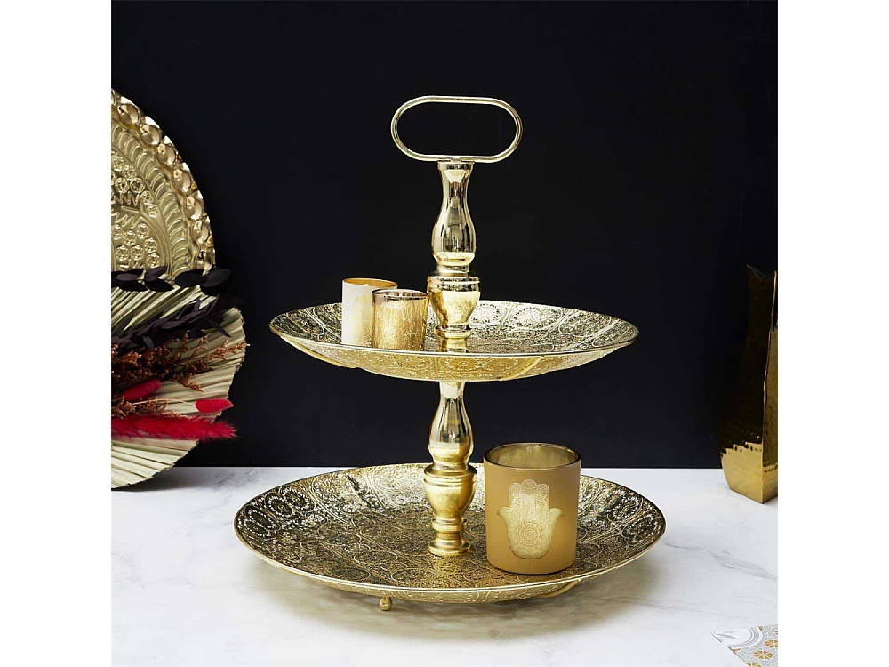 Plateau Decoratif Metal Dore 2 Etages M6 Or