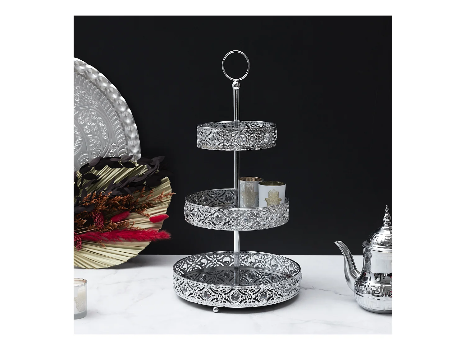 Plateau Decoratif Metal Argente 3 Etages A1/m6 Argent