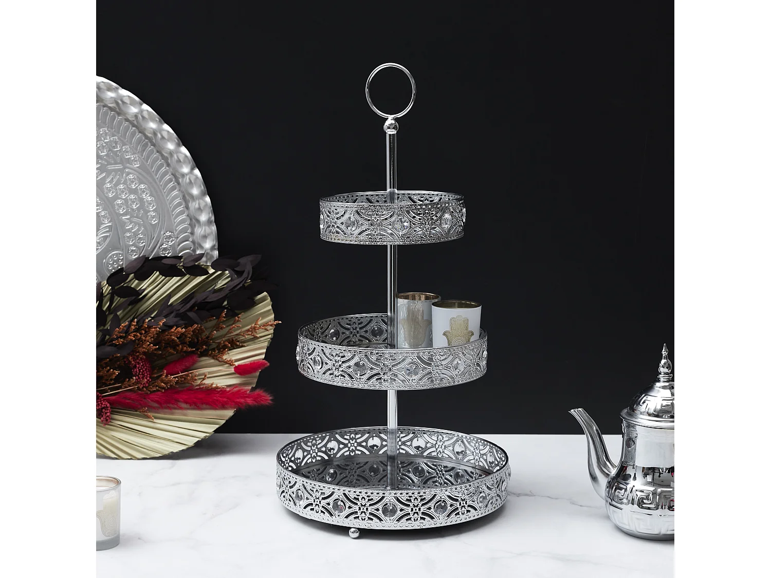 Plateau Decoratif Metal Argente 3 Etages A1/m6 Argent