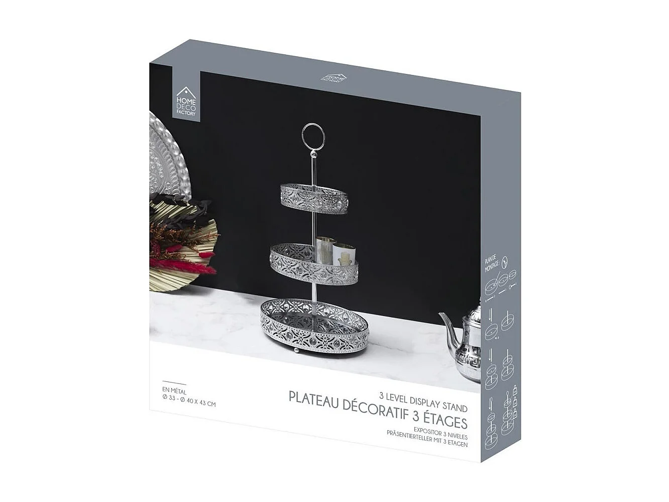 Plateau Decoratif Metal Argente 3 Etages A1/m6 Argent