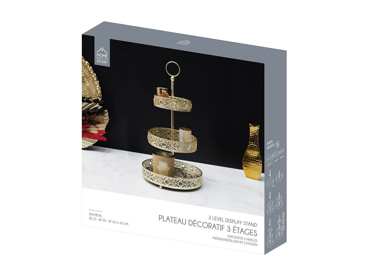 Plateau Decoratif Metal Dore 3 Etages