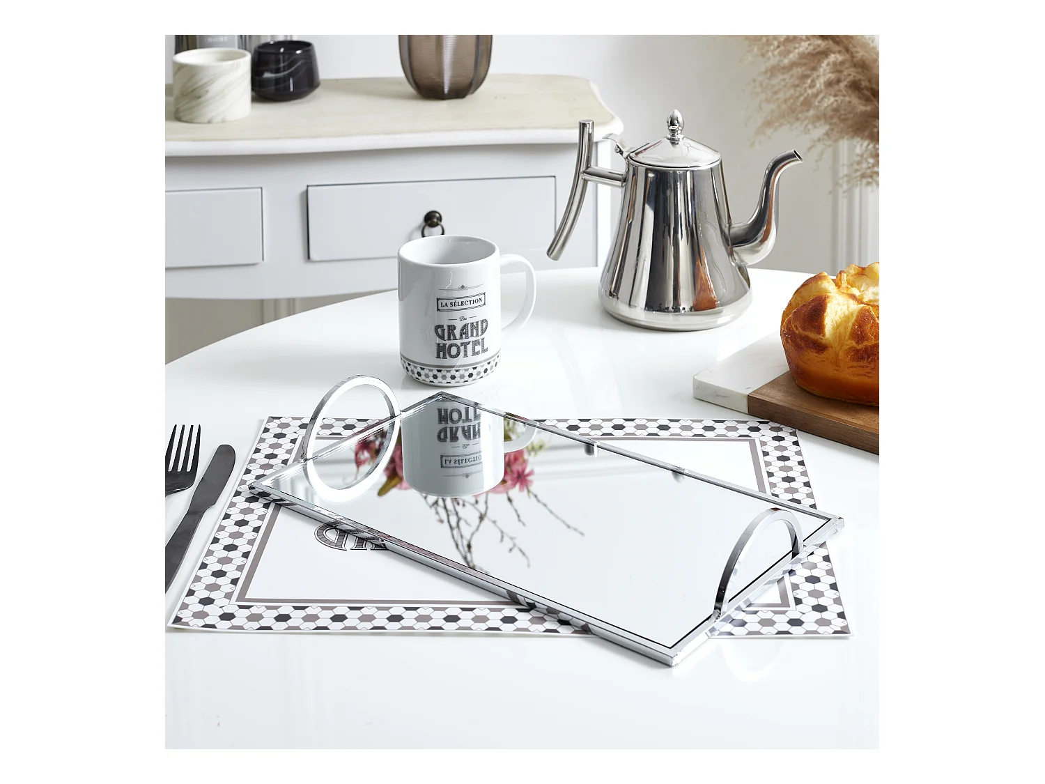 Plateau De Service Miroir Argente 35x20cm Argent