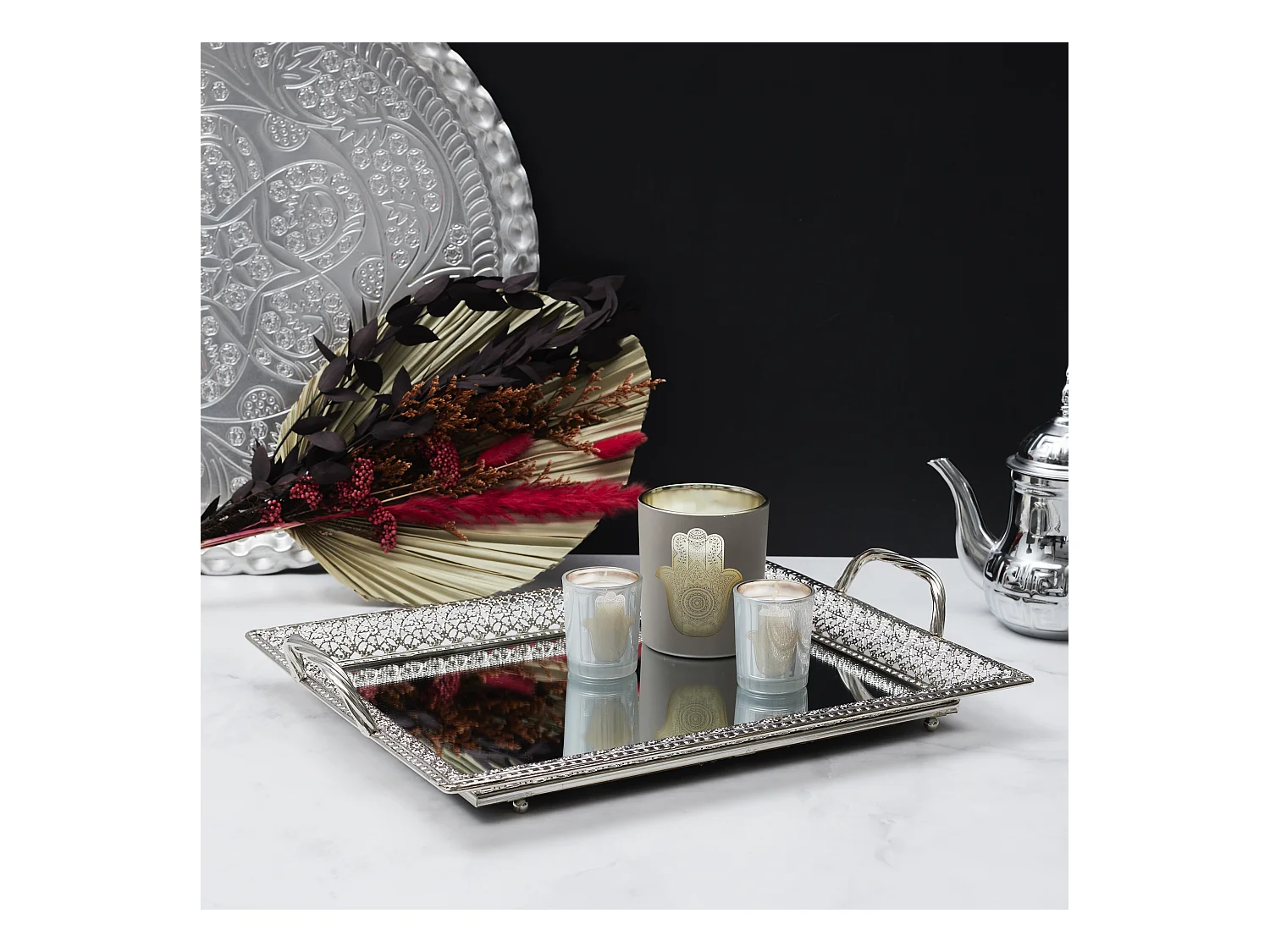 Plateau De Service Avec Miroir Et Poignees A1/m6 Argent