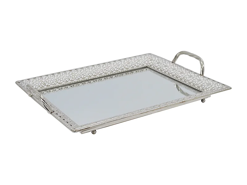 Plateau De Service Avec Miroir Et Poignees A1/m6 Argent
