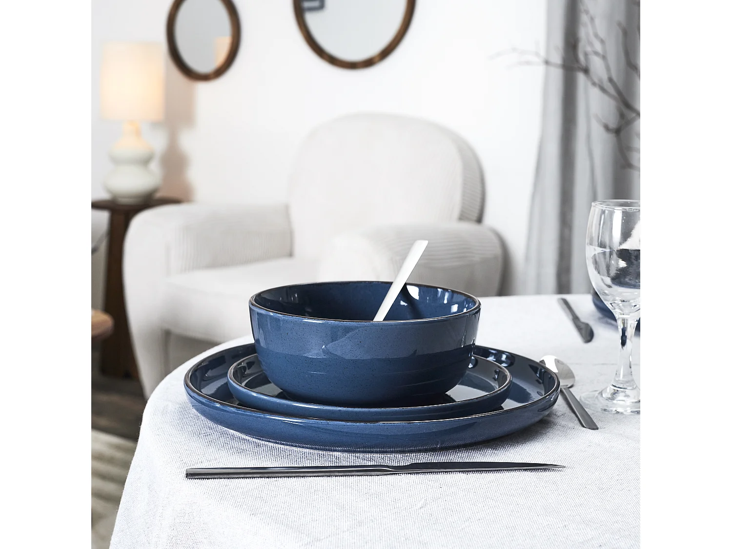 Service Vaisselle 12pcs Gres Du Temps Bleu Bleu