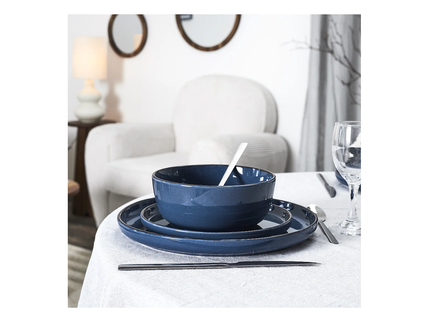 Service Vaisselle 12pcs Gres Du Temps Bleu Bleu