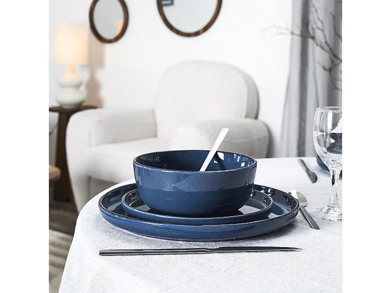 Service Vaisselle 12pcs Gres Du Temps Bleu Bleu