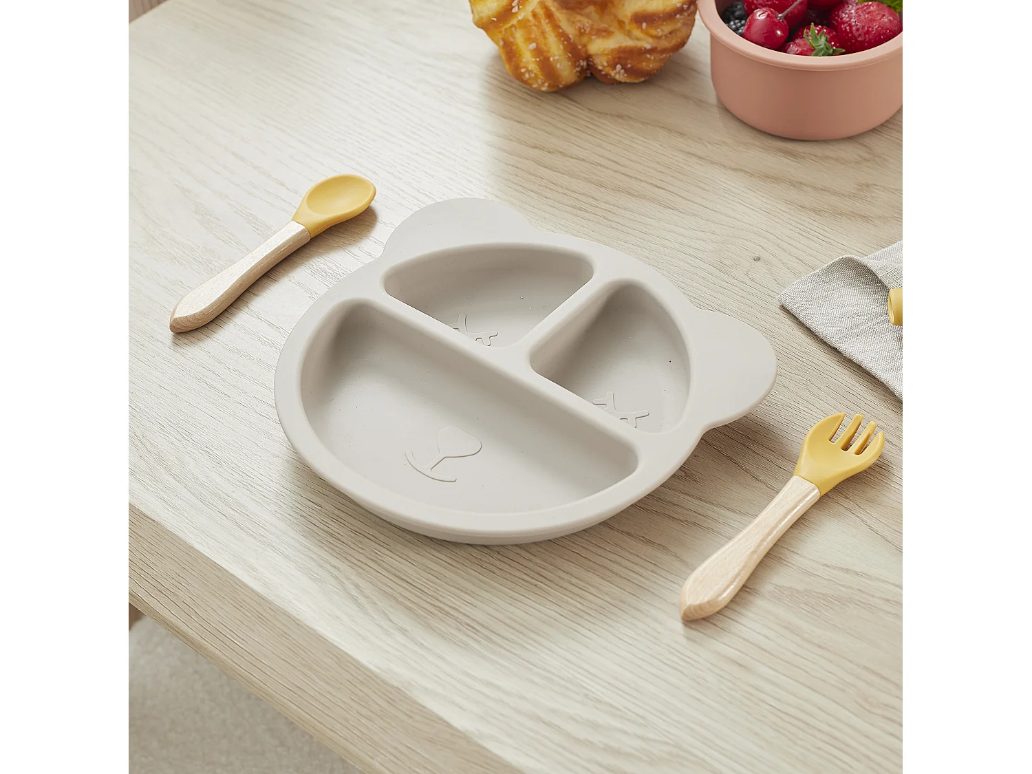 Assiette Bébé en Silicone "Ours" 23cm Gris