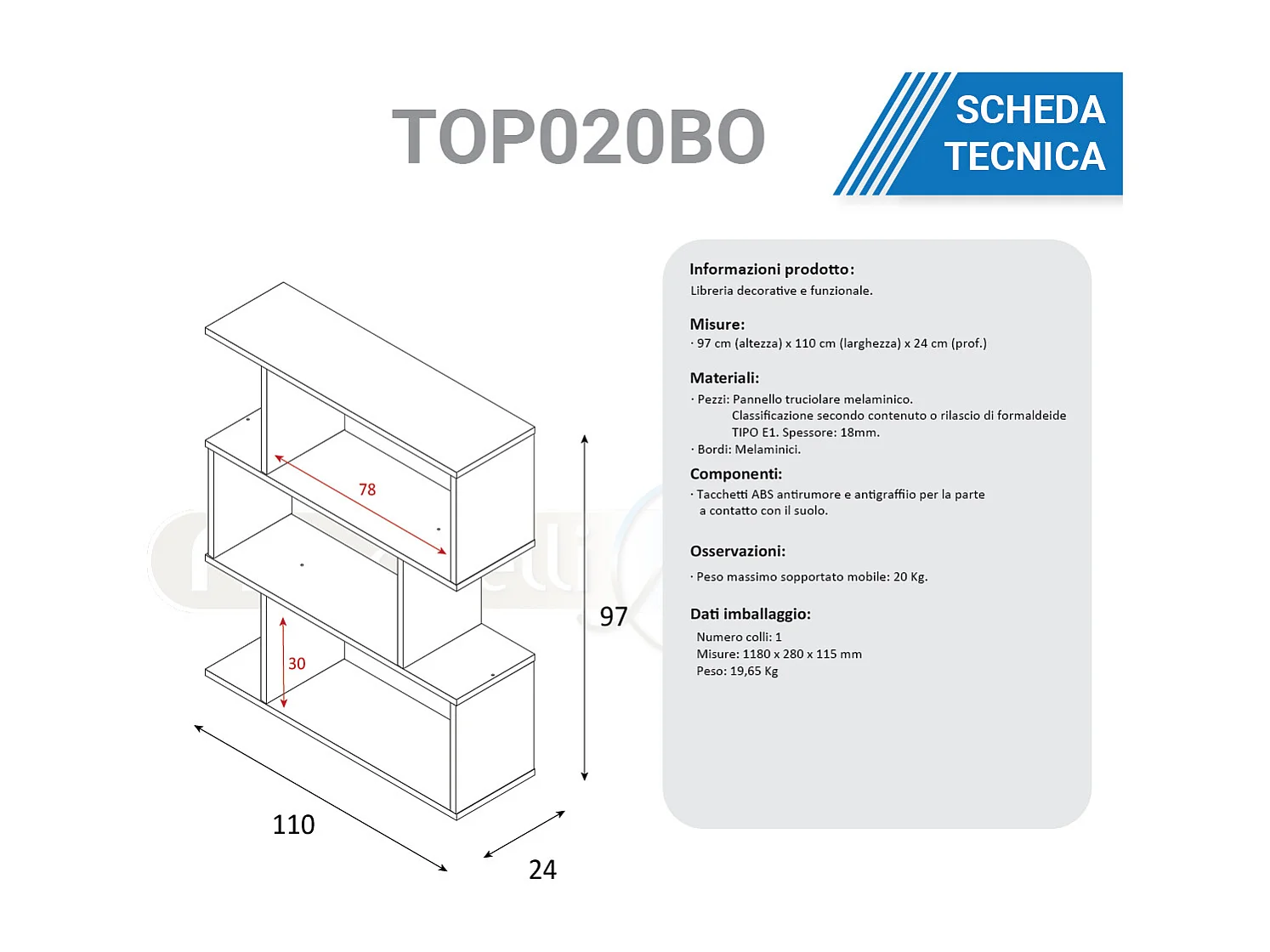 Libreria scaffale multiuso BIANCA con ripiani 110 X 25 X 97 cm salone studio camera - 301012L