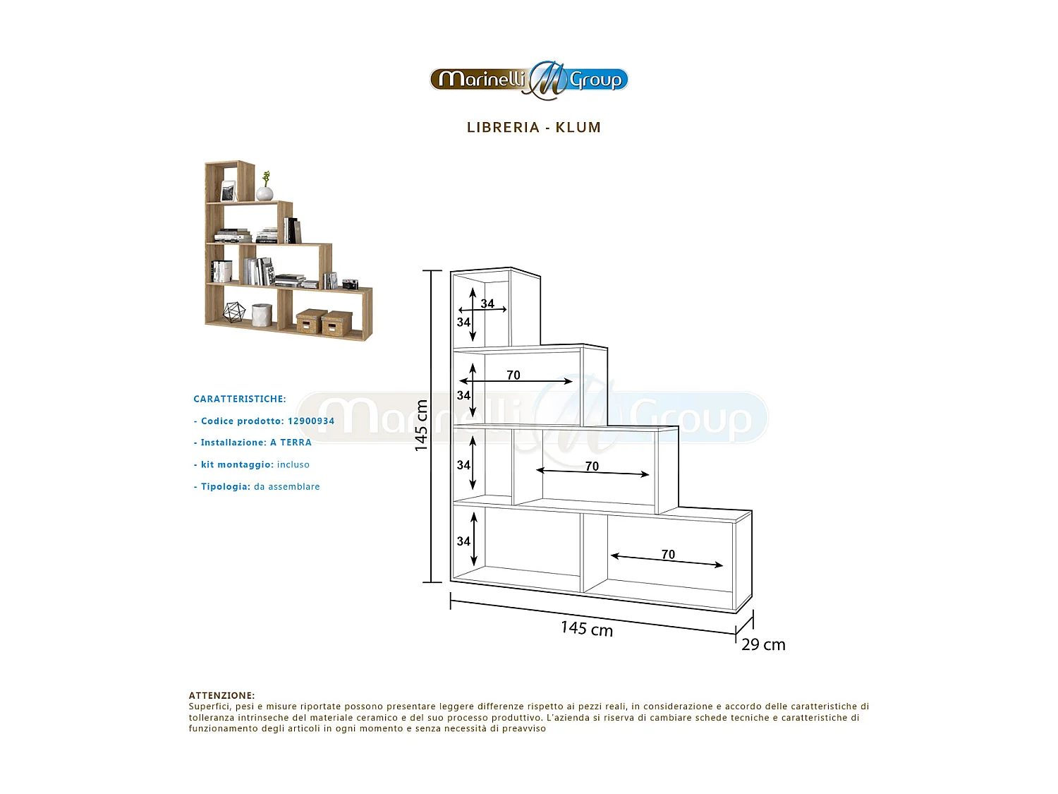 Libreria scaffale multiuso ROVERE con ripiani 145 X 29 X 145 cm salone studio camera - 002255F