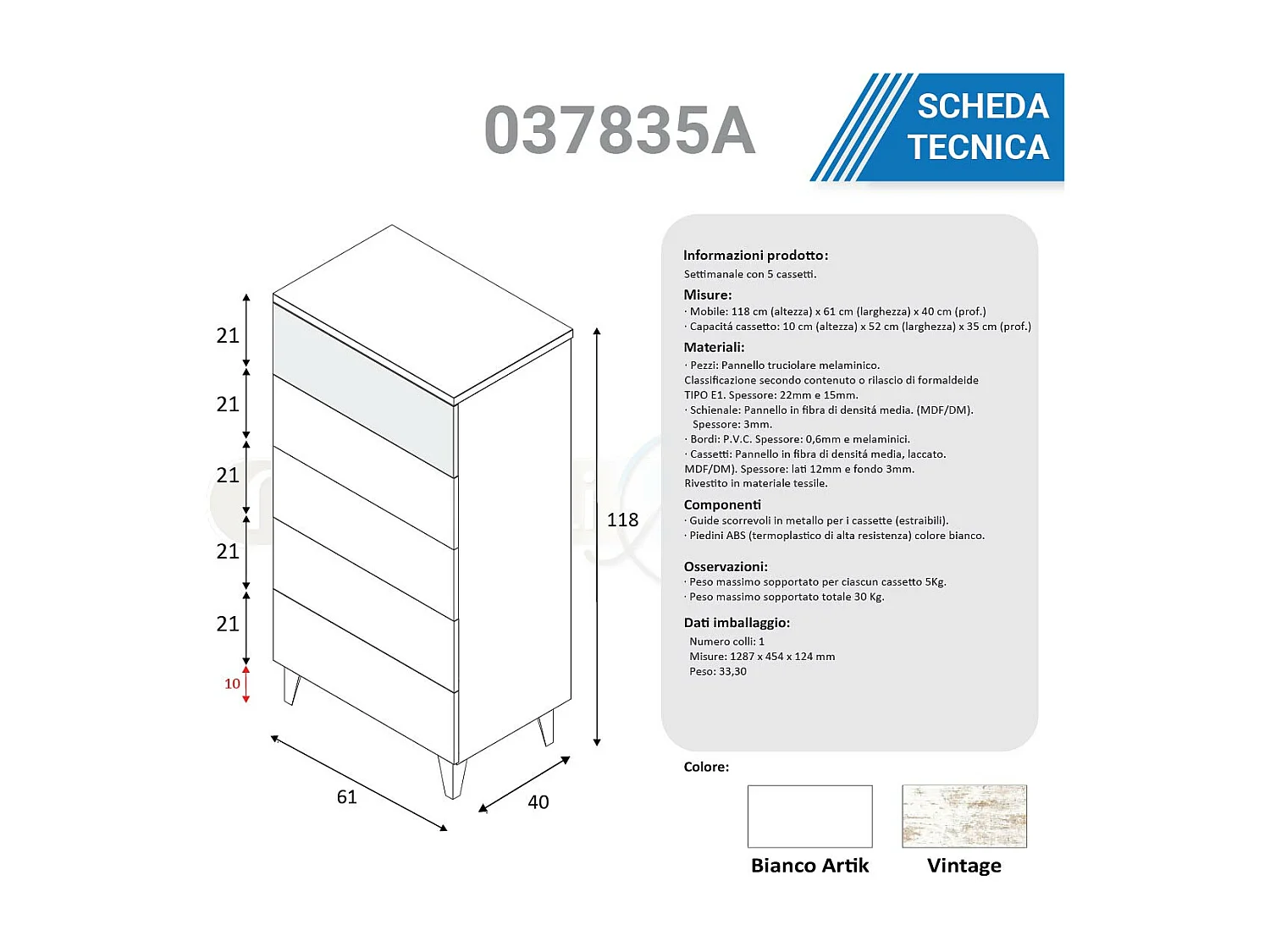Mobile cassettiera con 5 cassetti bianco vintage 037835A
