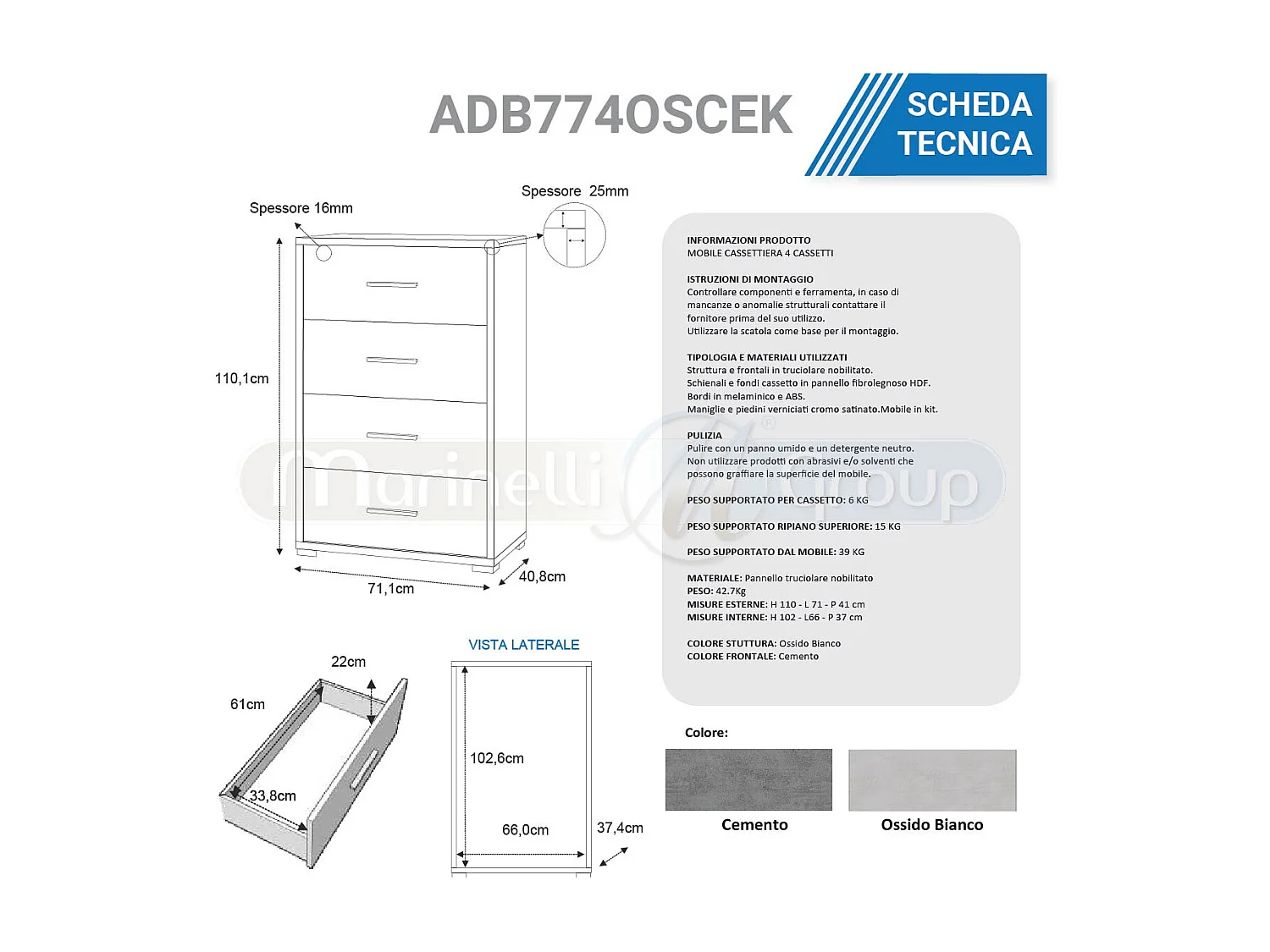 Mobile cassettiera con 4 cassetti cemento ossido bianco ADB774OSCEK