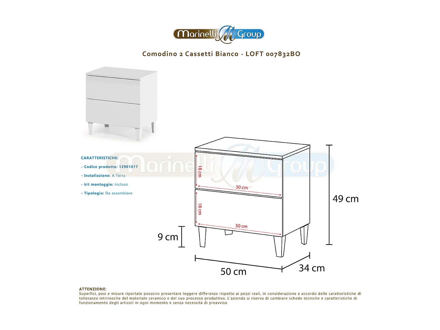 Comodino 2 cassetti 50 X 34 X 39 cm BIANCO camera da letto con piedi - 007832BO