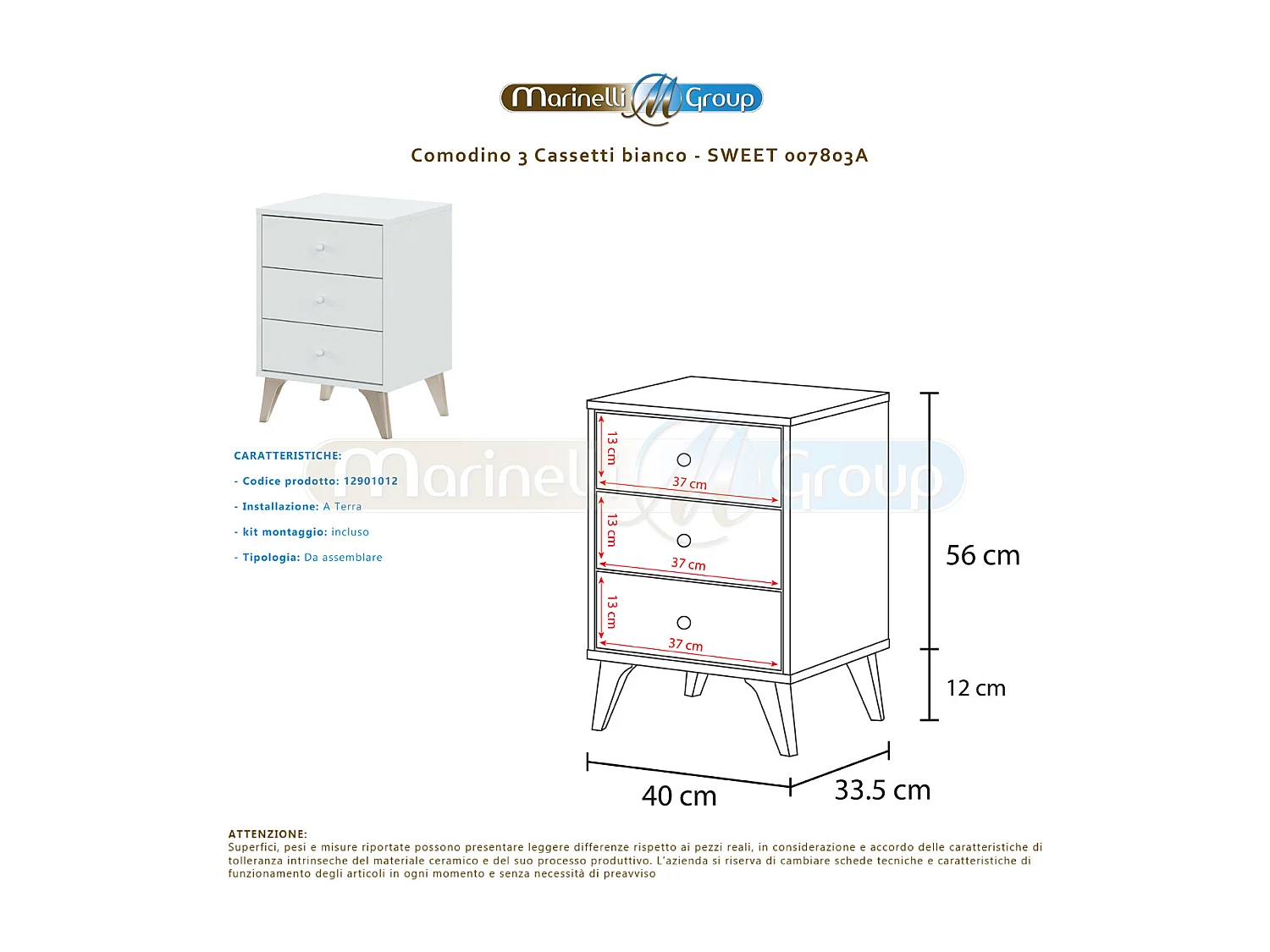 Comodino 3 cassetti 40 X 34 X 56 cm BIANCO camera da letto con piedi - 007803AComodino 3 cassetti 40 X 34 X 56 cm BIANCO camera da letto con piedi - 007803A