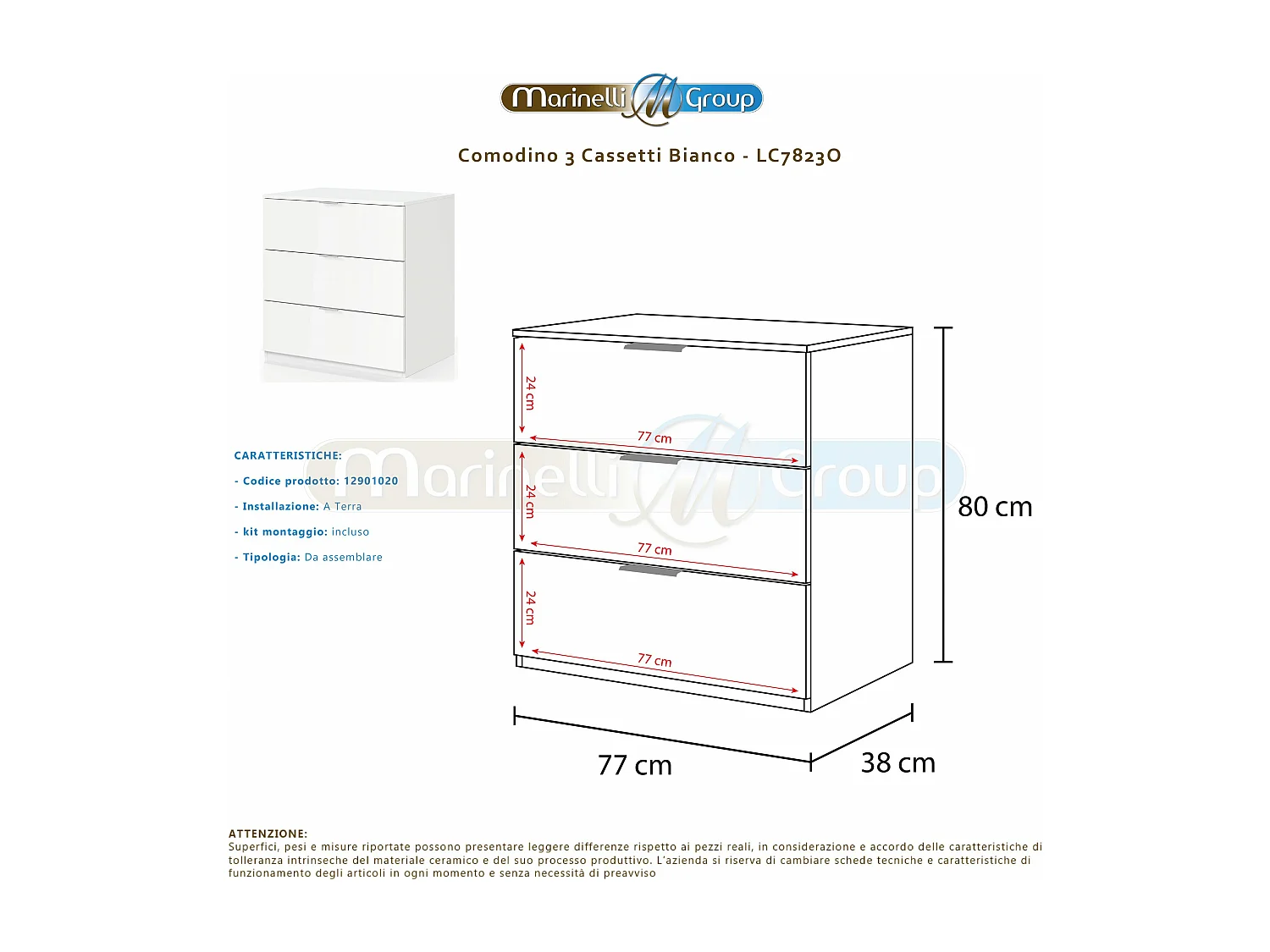 Cassettiera 3 cassetti 77 X 40 X 80 cm BIANCO camera da letto senza piedi - LC7823O
