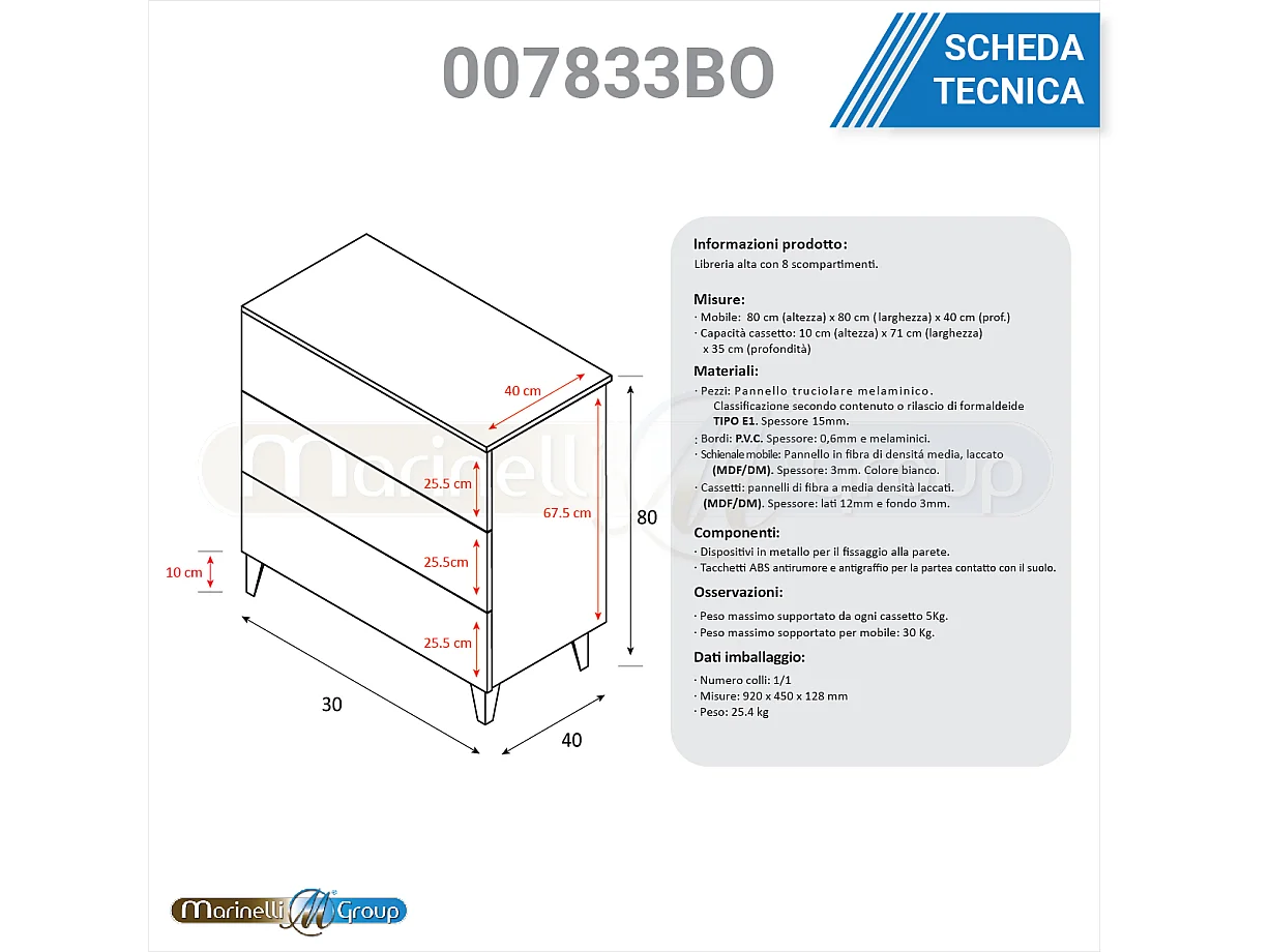 Cassettiera 3 cassetti 80 X 40 X 80 cm BIANCO camera da letto con piedi - 007833BO